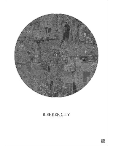 Affiche Bishkek City – Poster vue satellite 6km N&B | Gravura – Fond clair