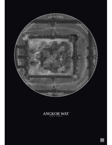 Affiche Angkor Wat – Poster vue satellite 0.1km N&B | Gravura – Fond foncé