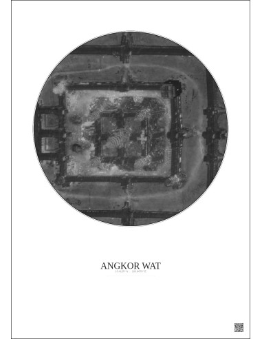 Affiche Angkor Wat – Poster vue satellite 0.1km N&B | Gravura – Fond clair