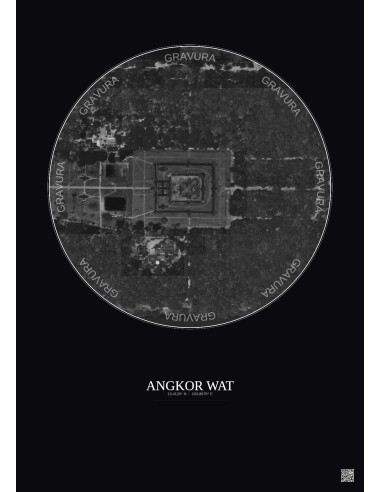 Affiche Angkor Wat – Poster vue satellite 0.5km N&B | Gravura – Fond foncé