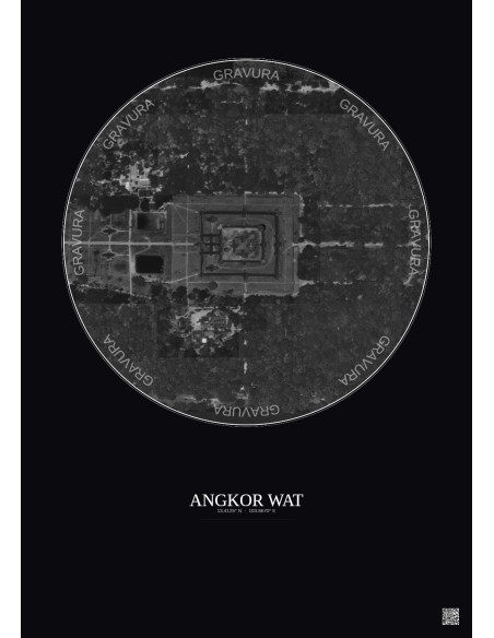 Affiche Angkor Wat – Poster vue satellite 0.5km N&B | Gravura – Fond foncé