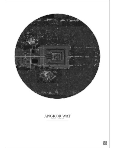 Affiche Angkor Wat – Poster vue satellite 0.5km N&B | Gravura – Fond clair