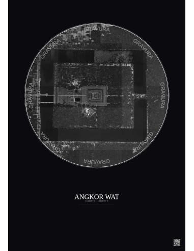 Affiche Angkor Wat – Poster vue satellite 1km N&B | Gravura – Fond foncé