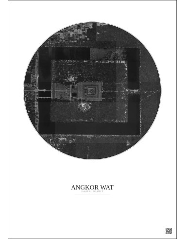 Affiche Angkor Wat – Poster vue satellite 1km N&B | Gravura – Fond clair