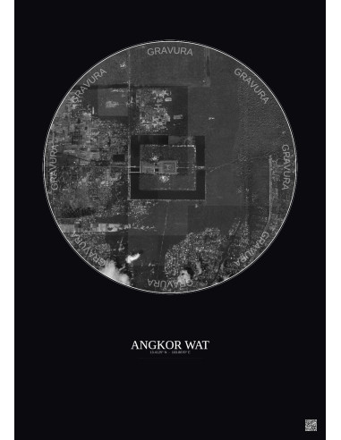 Affiche Angkor Wat – Poster vue satellite 2.5km N&B | Gravura – Fond foncé