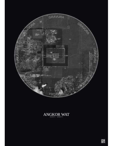 Affiche Angkor Wat – Poster vue satellite 2.5km N&B | Gravura – Fond foncé