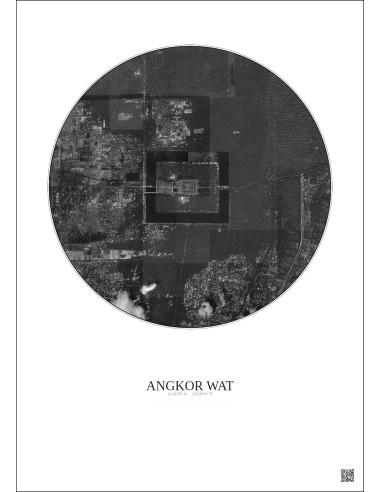 Affiche Angkor Wat – Poster vue satellite 2.5km N&B | Gravura – Fond clair
