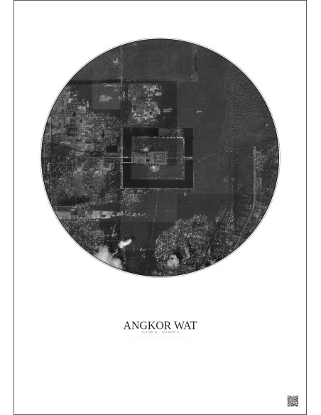 Affiche Angkor Wat – Poster vue satellite 2.5km N&B | Gravura – Fond clair