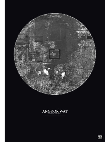 Affiche Angkor Wat – Poster vue satellite 5km N&B | Gravura – Fond foncé