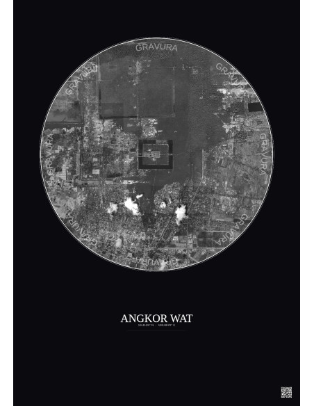 Affiche Angkor Wat – Poster vue satellite 5km N&B | Gravura – Fond foncé
