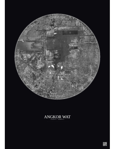 Angkor Wat Satellite View Poster 10km B&W | Gravura – Dark background