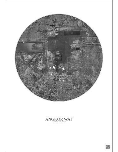 Affiche Angkor Wat – Poster vue satellite 10km N&B | Gravura – Fond clair