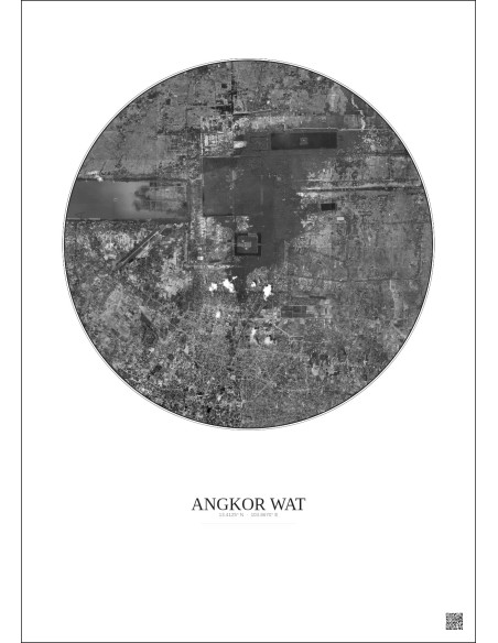 Affiche Angkor Wat – Poster vue satellite 10km N&B | Gravura – Fond clair