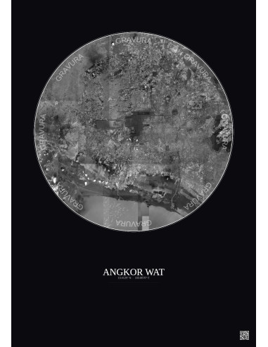 Affiche Angkor Wat – Poster vue satellite 30km N&B | Gravura – Fond foncé