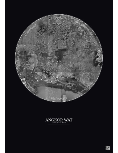 Affiche Angkor Wat – Poster vue satellite 30km N&B | Gravura – Fond foncé