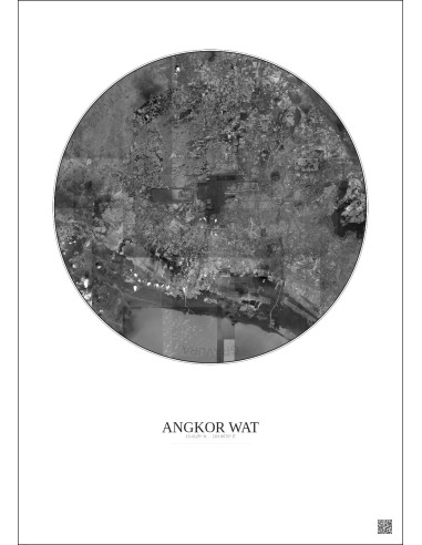 Affiche Angkor Wat – Poster vue satellite 30km N&B | Gravura – Fond clair