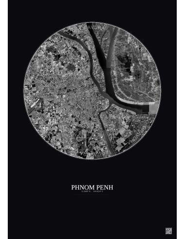 Affiche Phnom Penh – Poster vue satellite 10km N&B | Gravura – Fond foncé