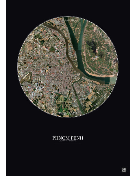 Affiche Phnom Penh – Poster vue satellite 10km Couleur | Gravura – Fond foncé