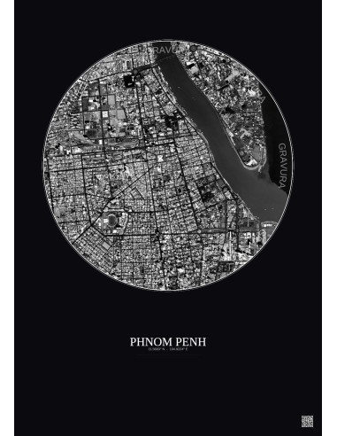 Affiche Phnom Penh – Poster vue satellite 2.5km N&B | Gravura – Fond foncé