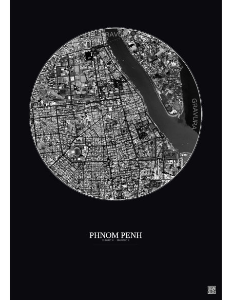 Affiche Phnom Penh – Poster vue satellite 2.5km N&B | Gravura – Fond foncé