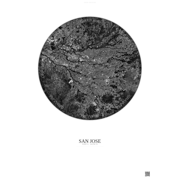 Affiche San Jose – Poster vue satellite 10km N&B | Gravura – Fond clair