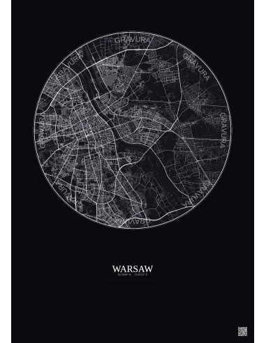 Warsaw City Map Poster 10km | Gravura – Dark background