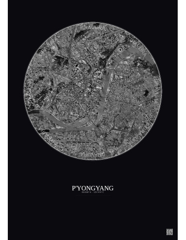Affiche P Yongyang – Poster vue satellite 6km N&B | Gravura – Fond foncé