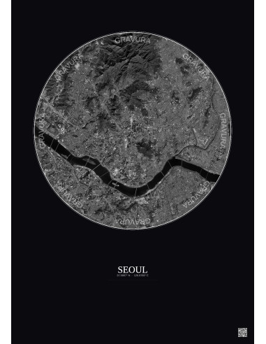 Seoul Satellite View Poster 10km B&W | Gravura – Dark background