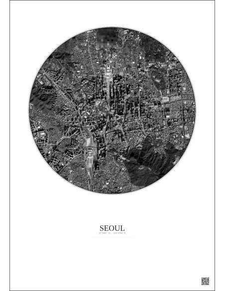 Affiche Seoul – Poster vue satellite 2.5km N&B | Gravura – Fond clair