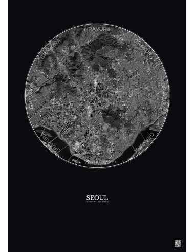 Affiche Seoul – Poster vue satellite 6km N&B | Gravura – Fond foncé