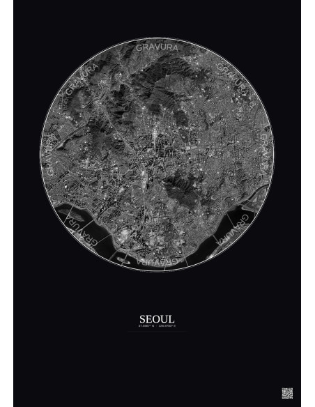 Affiche Seoul – Poster vue satellite 6km N&B | Gravura – Fond foncé