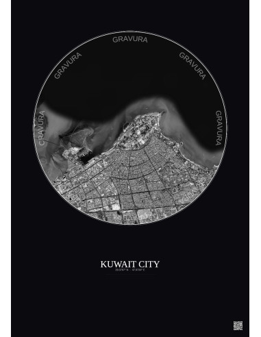 Kuwait City Satellite View Poster 10km B&W | Gravura – Dark background
