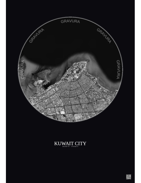 Kuwait City Satellite View Poster 10km B&W | Gravura – Dark background