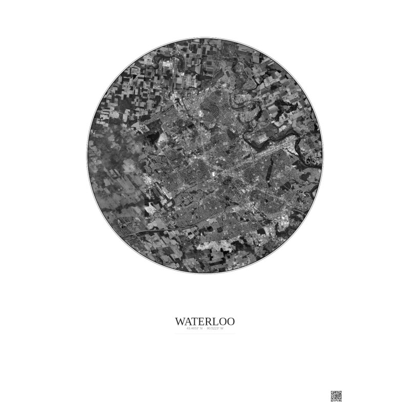 Affiche Waterloo – Poster vue satellite 10km N&B | Gravura – Fond clair