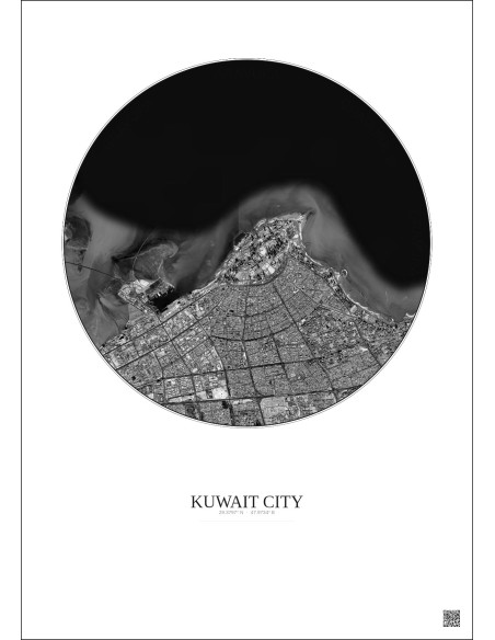 Kuwait City Satellite View Poster 10km B&W | Gravura – Light background