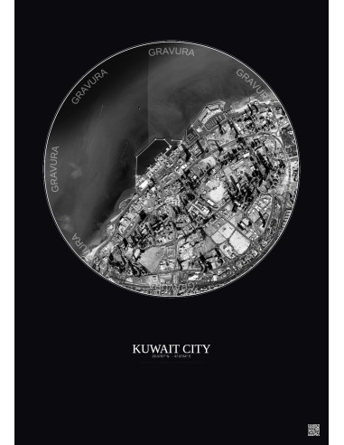 Affiche Kuwait City – Poster vue satellite 2.5km N&B | Gravura – Fond foncé