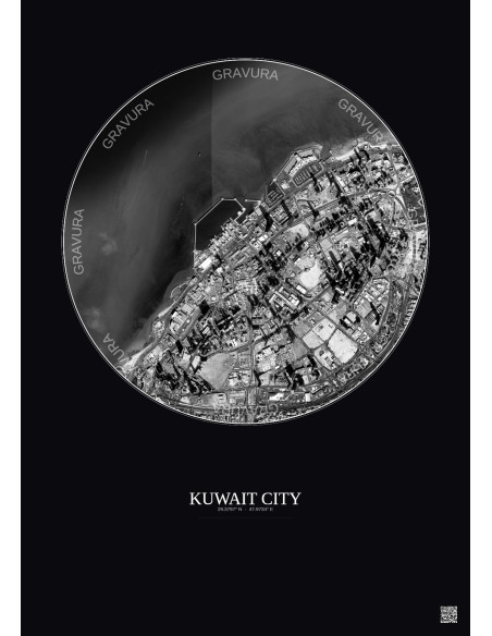 Affiche Kuwait City – Poster vue satellite 2.5km N&B | Gravura – Fond foncé