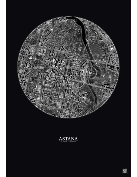 Affiche Astana – Poster vue satellite 2.5km N&B | Gravura – Fond foncé