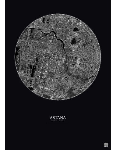Astana Satellite View Poster 6km B&W | Gravura – Dark background