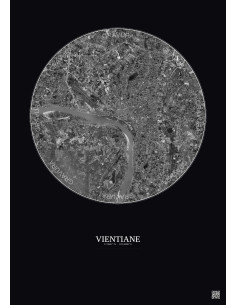 Affiche Vientiane – Poster vue satellite 10km N&B | Gravura – Fond foncé