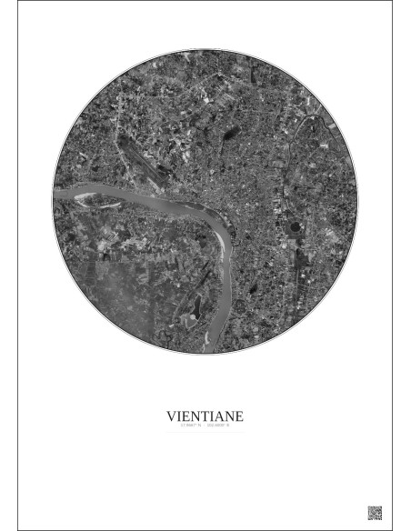 Affiche Vientiane – Poster vue satellite 10km N&B | Gravura – Fond clair