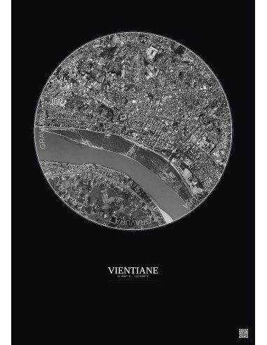 Affiche Vientiane – Poster vue satellite 2.5km N&B | Gravura – Fond foncé