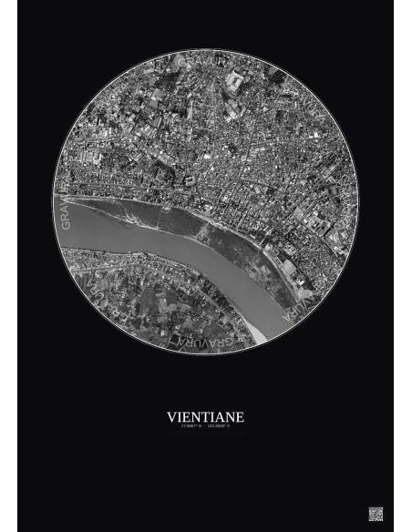 Affiche Vientiane – Poster vue satellite 2.5km N&B | Gravura – Fond foncé