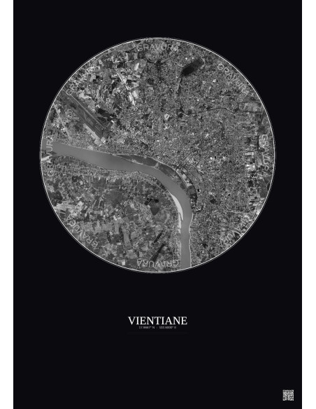 Affiche Vientiane – Poster vue satellite 6km N&B | Gravura – Fond foncé