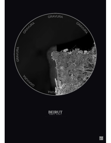 Affiche Beirut – Poster vue satellite 10km N&B | Gravura – Fond foncé