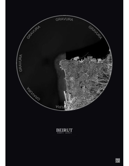 Affiche Beirut – Poster vue satellite 10km N&B | Gravura – Fond foncé