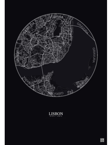 Lisbon City Map Poster 10km | Gravura – Dark background