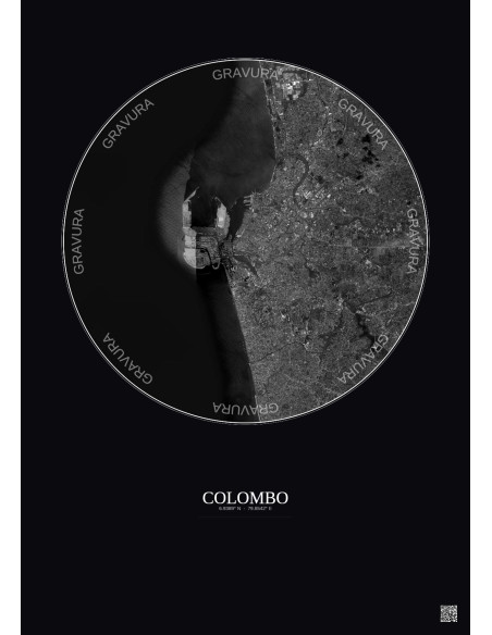 Affiche Colombo – Poster vue satellite 10km N&B | Gravura – Fond foncé