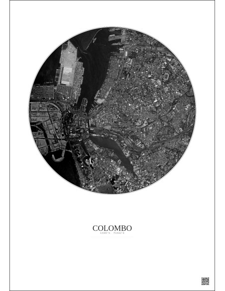 Affiche Colombo – Poster vue satellite 2.5km N&B | Gravura – Fond clair