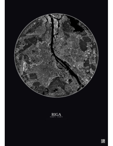 Riga Satellite View Poster 10km B&W | Gravura – Dark background